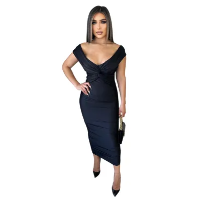 Women Fashion Sexy Solid Color V-Neck Pleated Dress