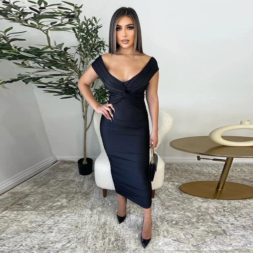 Women Fashion Sexy Solid Color V-Neck Pleated Dress