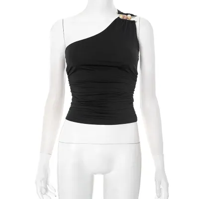 Women Fashion Sexy Summer Solid Color Slanted Shoulder Crop Top
