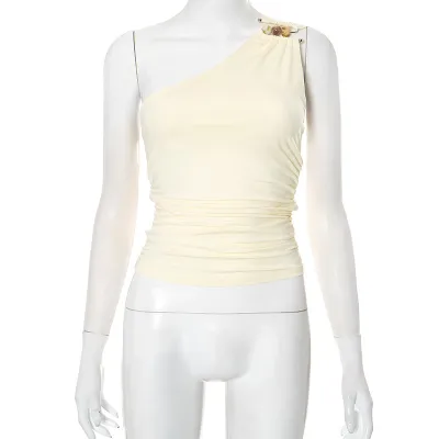 Women Fashion Sexy Summer Solid Color Slanted Shoulder Crop Top
