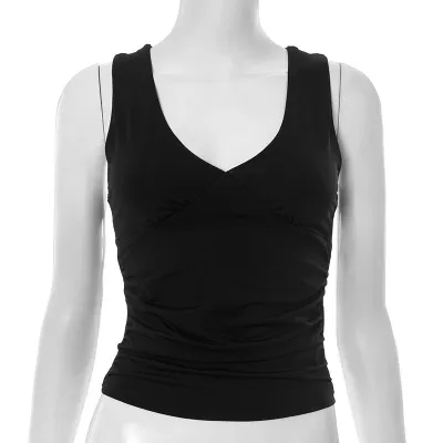 Women Fashion Sexy Summer Solid Color V-Neck Sleeveless Pleated Crop Top