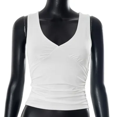 Women Fashion Sexy Summer Solid Color V-Neck Sleeveless Pleated Crop Top