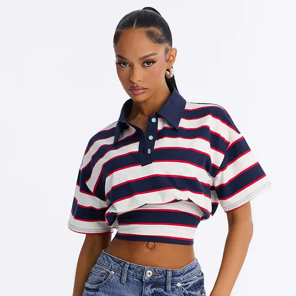Women Fashion Sexy Summer Stripe Lapel Short-Sleeve Tight Waist Crop Top