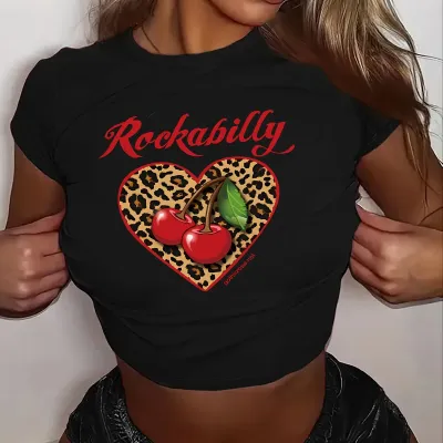 Women Fashion Sexy Summer Cherry Love Pattern Printed Short-Sleeve Slim-Fit Crop Top