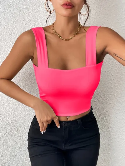Women Fashion Sexy Simple Summer Solid Color Sleeveless Slim-Fit Crop Top