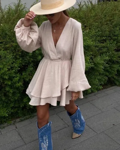 Women Fashion Casual Solid Color V-Neck Long-Sleeve Waist Loose A-Line Dress