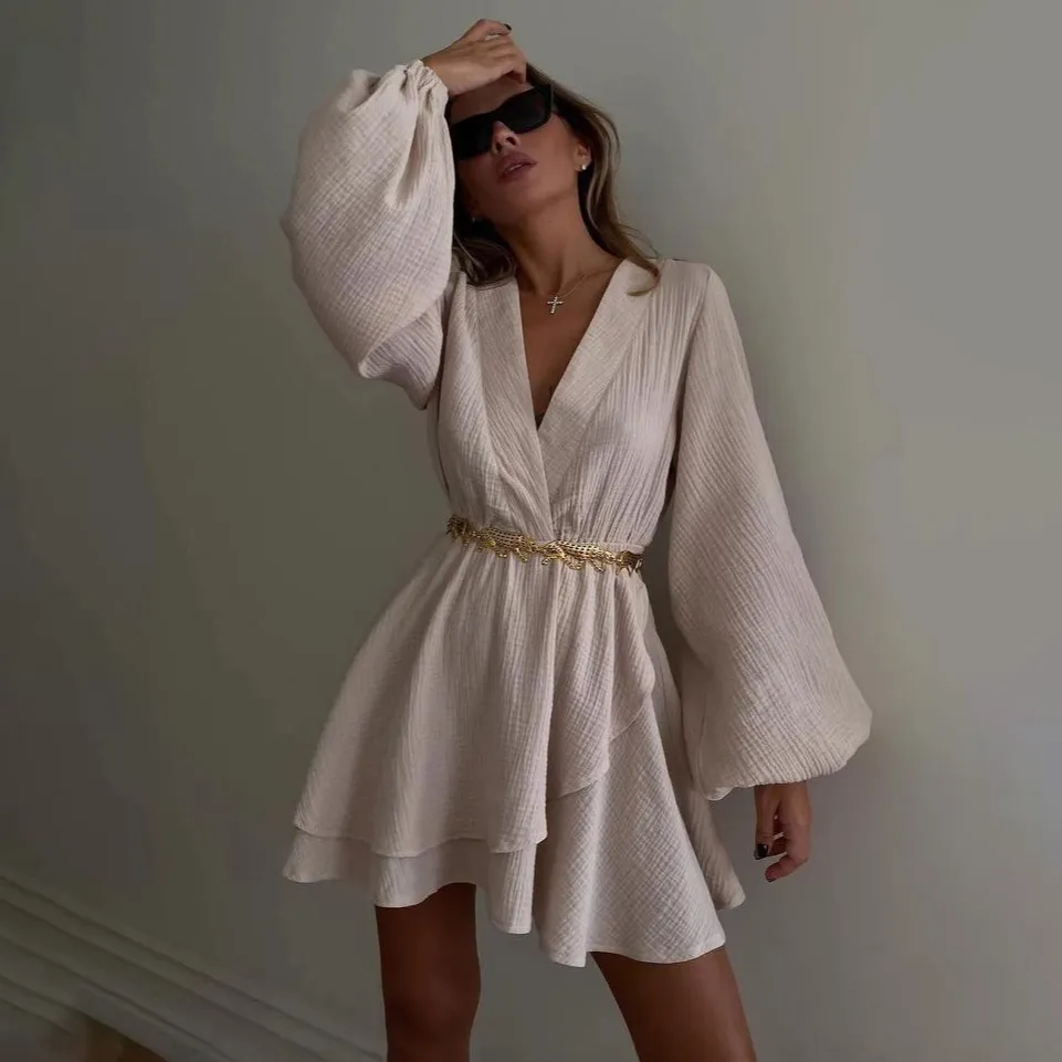 Women Fashion Casual Solid Color V-Neck Long-Sleeve Waist Loose A-Line Dress