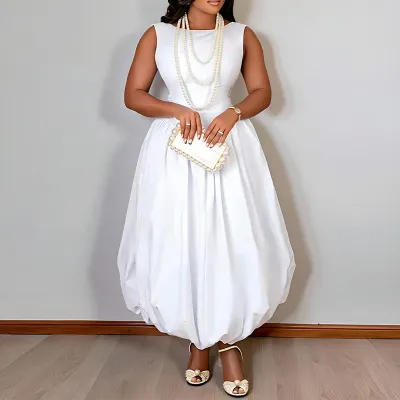 Women Fashion Casual Summer Solid Color Sleeveless Tight Waist Stitching A-Line Dress