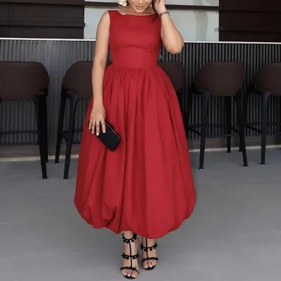 Women Fashion Casual Summer Solid Color Sleeveless Tight Waist Stitching A-Line Dress