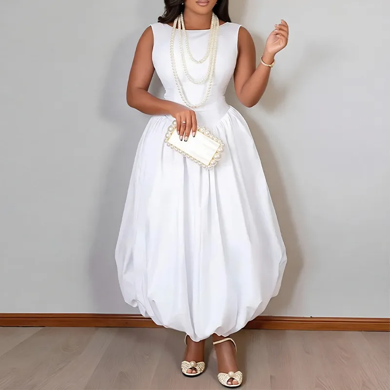 Women Fashion Casual Summer Solid Color Sleeveless Tight Waist Stitching A-Line Dress