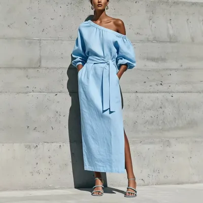 Women Fashion Casual Solid Color Slant Shoulder Long-Sleeve Lace-Up Split Pocket Dress