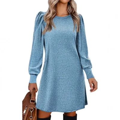 Women Fashion Casual Autumn And Winter Sanding Pit Solid Color Puff Sleeve Loose Dress
