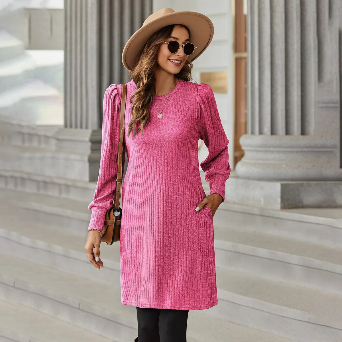 Women Fashion Casual Autumn And Winter Sanding Pit Solid Color Puff Sleeve Loose Dress