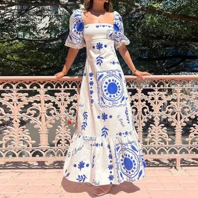 Women Fashion Casual Summer Printed Puff Sleeve Tight Waist Dress