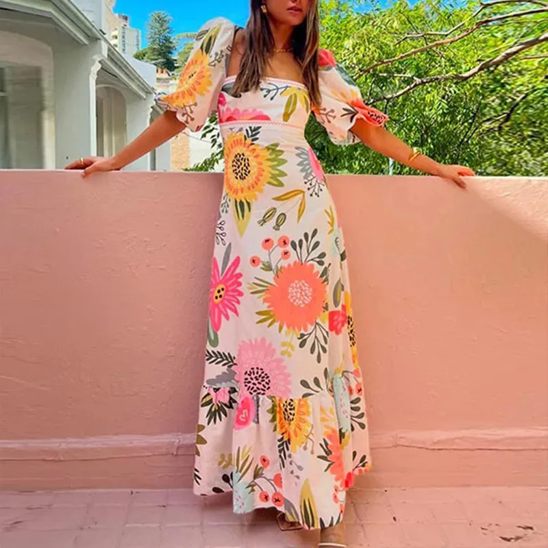 Women Fashion Casual Summer Printed Puff Sleeve Tight Waist Dress