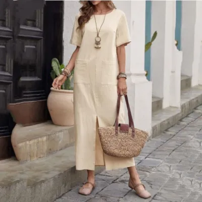 Women Fashion Casual Summer Solid Color Cotton Linen Round Neck Short Sleeve Loose Dress