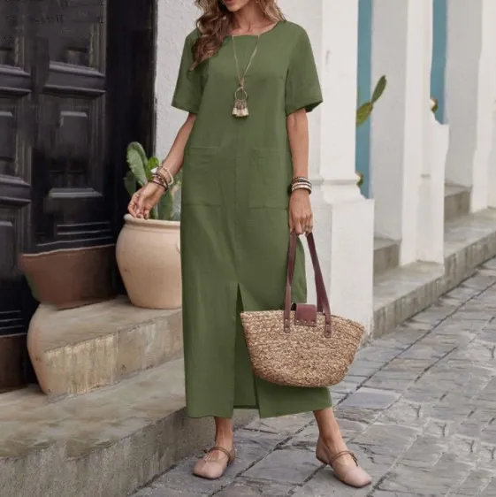 Women Fashion Casual Summer Solid Color Cotton Linen Round Neck Short Sleeve Loose Dress