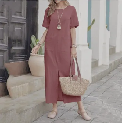 Women Fashion Casual Summer Solid Color Cotton Linen Round Neck Short Sleeve Loose Dress