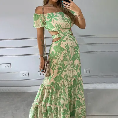 Women Fashion Casual Summer Printed Off-Shoulder Short-Sleeve Hollow-Out Dress