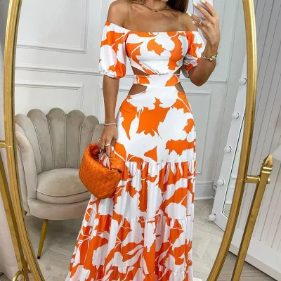 Women Fashion Casual Summer Printed Off-Shoulder Short-Sleeve Hollow-Out Dress