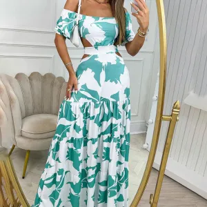 Women Fashion Casual Summer Printed Off-Shoulder Short-Sleeve Hollow-Out Dress