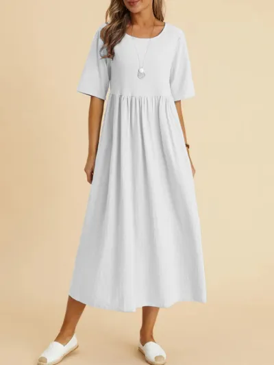 Women Fashion Casual Solid Color Cotton Linen Round Neck Half Sleeve Loose Dress