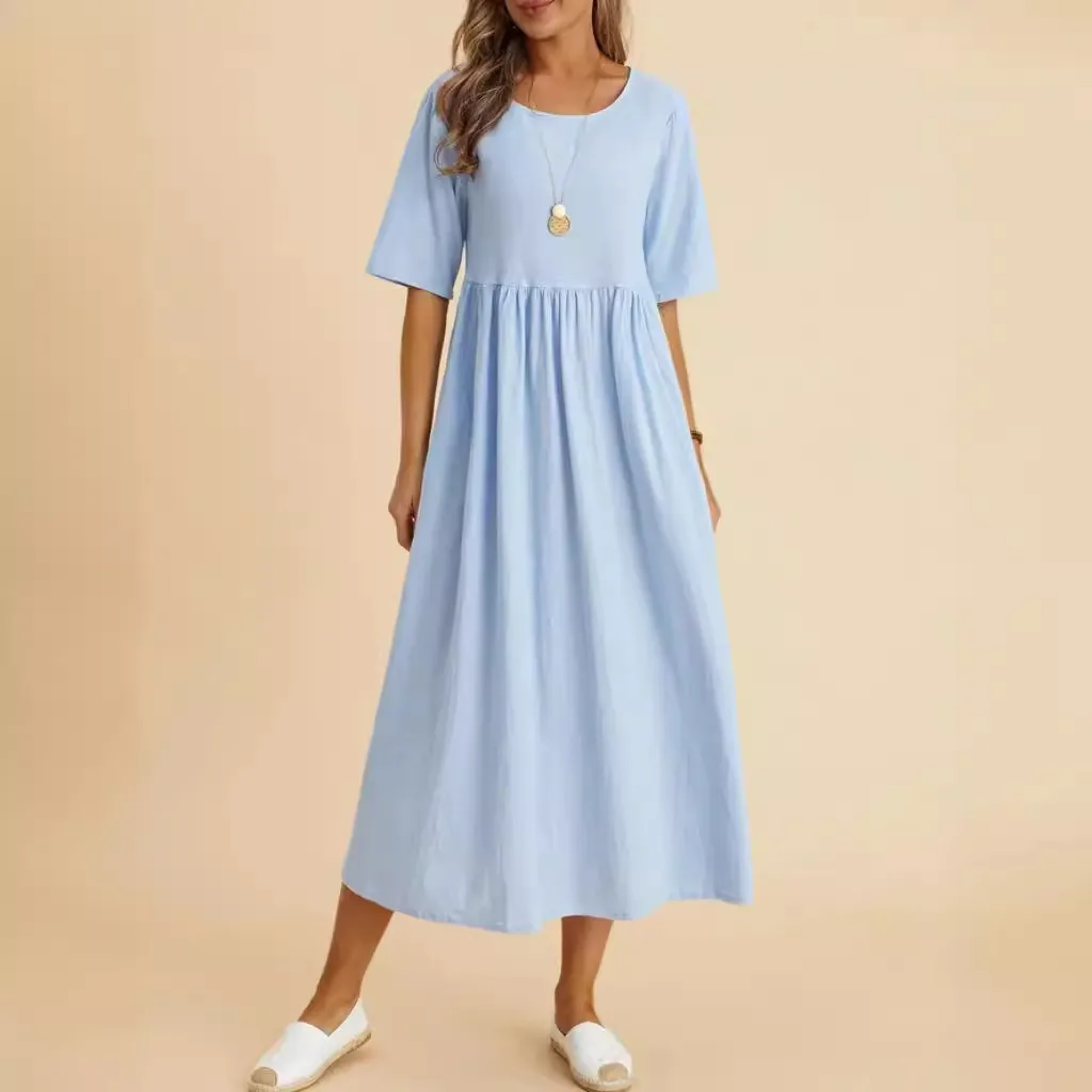 Women Fashion Casual Solid Color Cotton Linen Round Neck Half Sleeve Loose Dress
