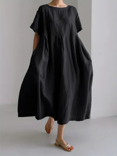 Women Fashion Casual Solid Color Cotton And Linen Round Neck Short Sleeve Loose Dress