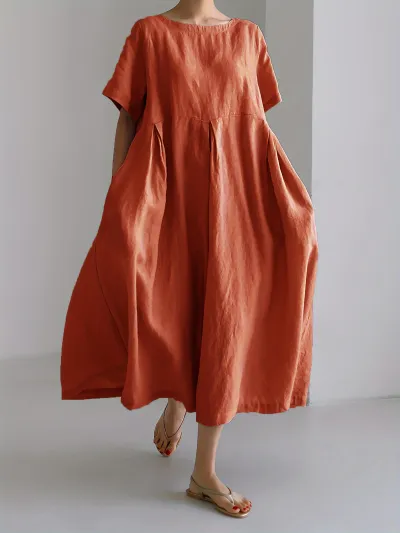 Women Fashion Casual Solid Color Cotton And Linen Round Neck Short Sleeve Loose Dress