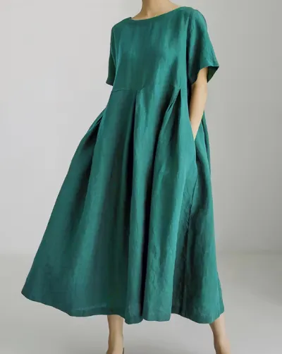 Women Fashion Casual Solid Color Cotton And Linen Round Neck Short Sleeve Loose Dress