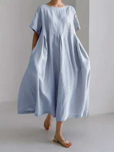 Women Fashion Casual Solid Color Cotton And Linen Round Neck Short Sleeve Loose Dress