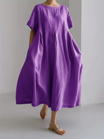 Women Fashion Casual Solid Color Cotton And Linen Round Neck Short Sleeve Loose Dress
