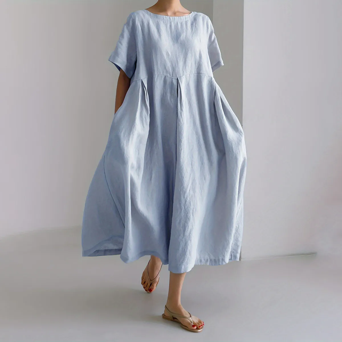 Women Fashion Casual Solid Color Cotton And Linen Round Neck Short Sleeve Loose Dress