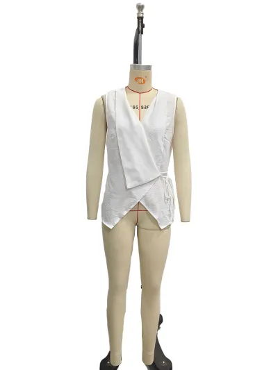 Women Fashion Casual Summer Spring Solid Color Sleeveless Lace-Up Blouse