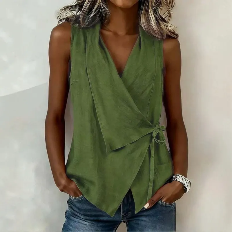 Women Fashion Casual Summer Spring Solid Color Sleeveless Lace-Up Blouse