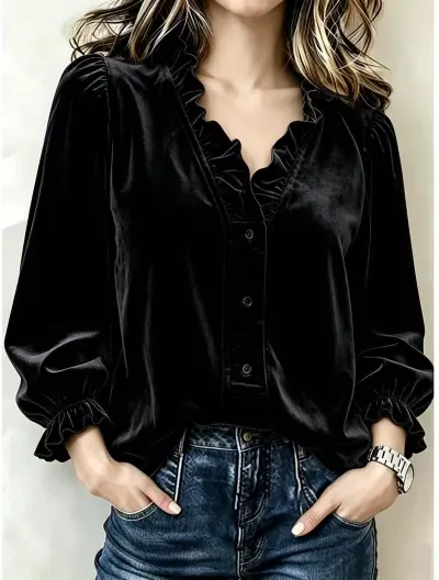 Women Fashion Casual Solid Color Velvet Ruffled Collar V-Neck Long Sleeve Blouse