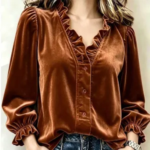 Women Fashion Casual Solid Color Velvet Ruffled Collar V-Neck Long Sleeve Blouse