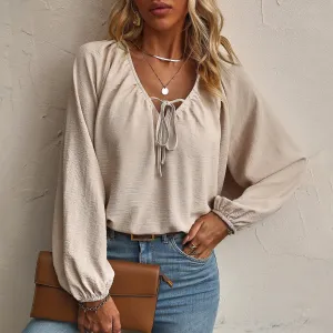 Women Fashion Casual Solid Color V-Neck Lace-Up Long Sleeve Loose Blouse
