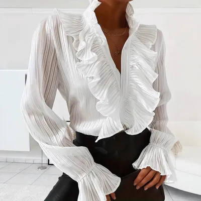 Women Fashion Casual Spring Solid Color Ruffled V-Neck Long-Sleeve Blouse