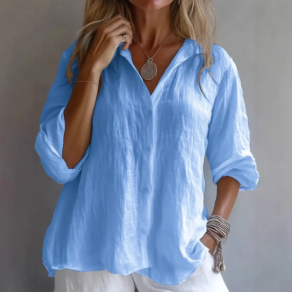 Women Fashion Casual Spring Solid Color Linen Lapel Long Sleeve Blouse
