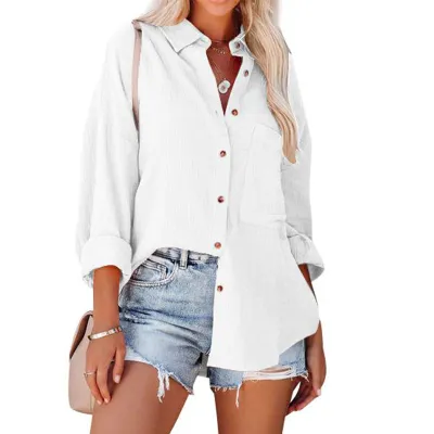 Women Fashion Casual Spring And Summer Solid Color Lapel Long-Sleeve Blouse