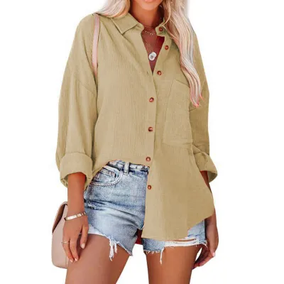 Women Fashion Casual Spring And Summer Solid Color Lapel Long-Sleeve Blouse