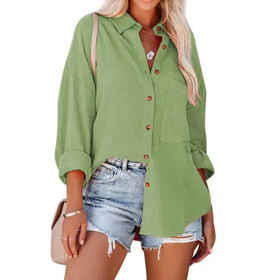 Women Fashion Casual Spring And Summer Solid Color Lapel Long-Sleeve Blouse