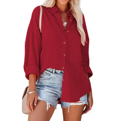 Women Fashion Casual Spring And Summer Solid Color Lapel Long-Sleeve Blouse