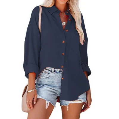 Women Fashion Casual Spring And Summer Solid Color Lapel Long-Sleeve Blouse
