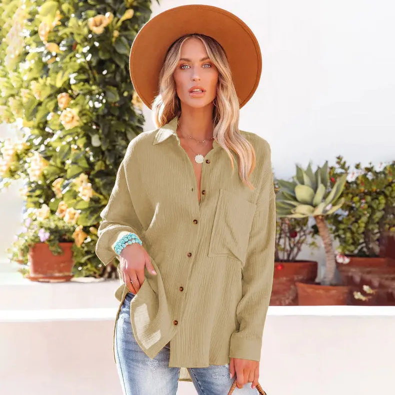 Women Fashion Casual Spring And Summer Solid Color Lapel Long-Sleeve Blouse