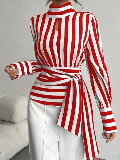 Women Fashion Spring Contrast Stripe Long Sleeve Lace-Up Blouse