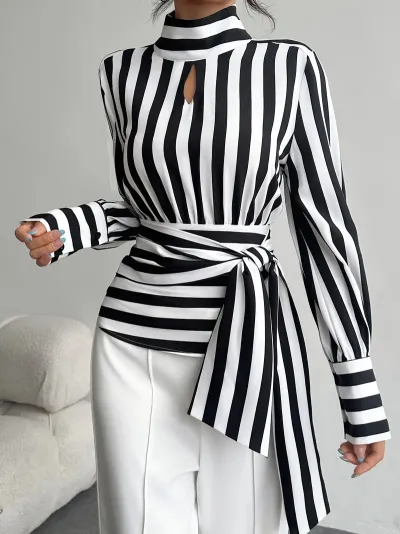 Women Fashion Spring Contrast Stripe Long Sleeve Lace-Up Blouse