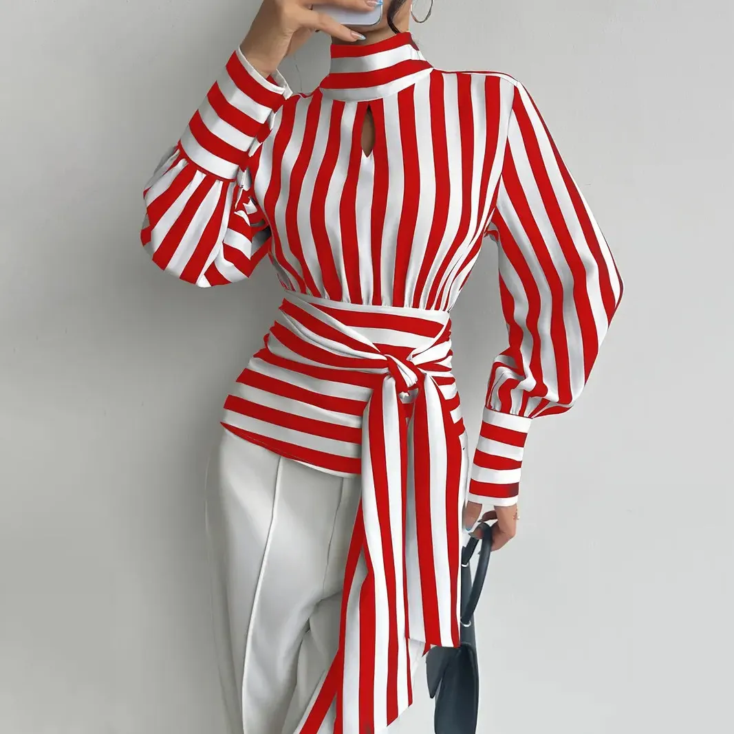 Women Fashion Spring Contrast Stripe Long Sleeve Lace-Up Blouse