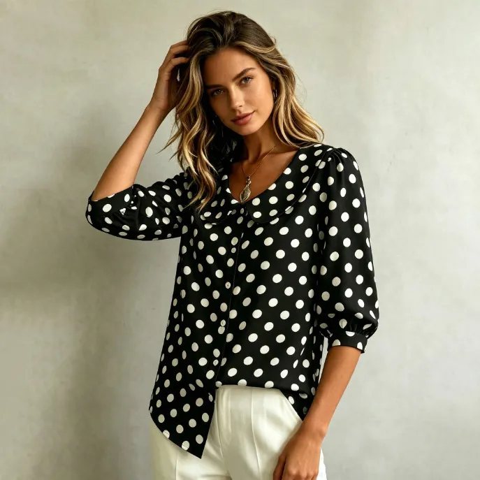 Women Fashion Casual Summer Polka Dot Print Lapel Middle Sleeve Blouse